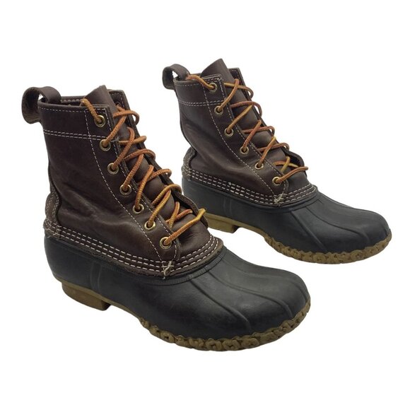 L.L. Bean Duck 8" Leather Bean Boots Shoes Women 6 Medium Brown Lace Up Rubber - Picture 1 of 6